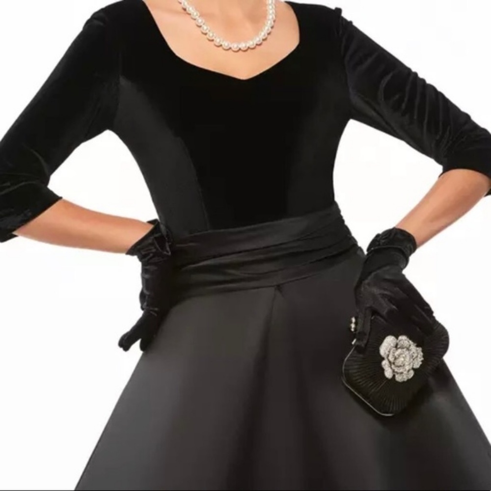 Black Satin Velvet Pin Up Rockabilly Dress M - Picture 2 of 5